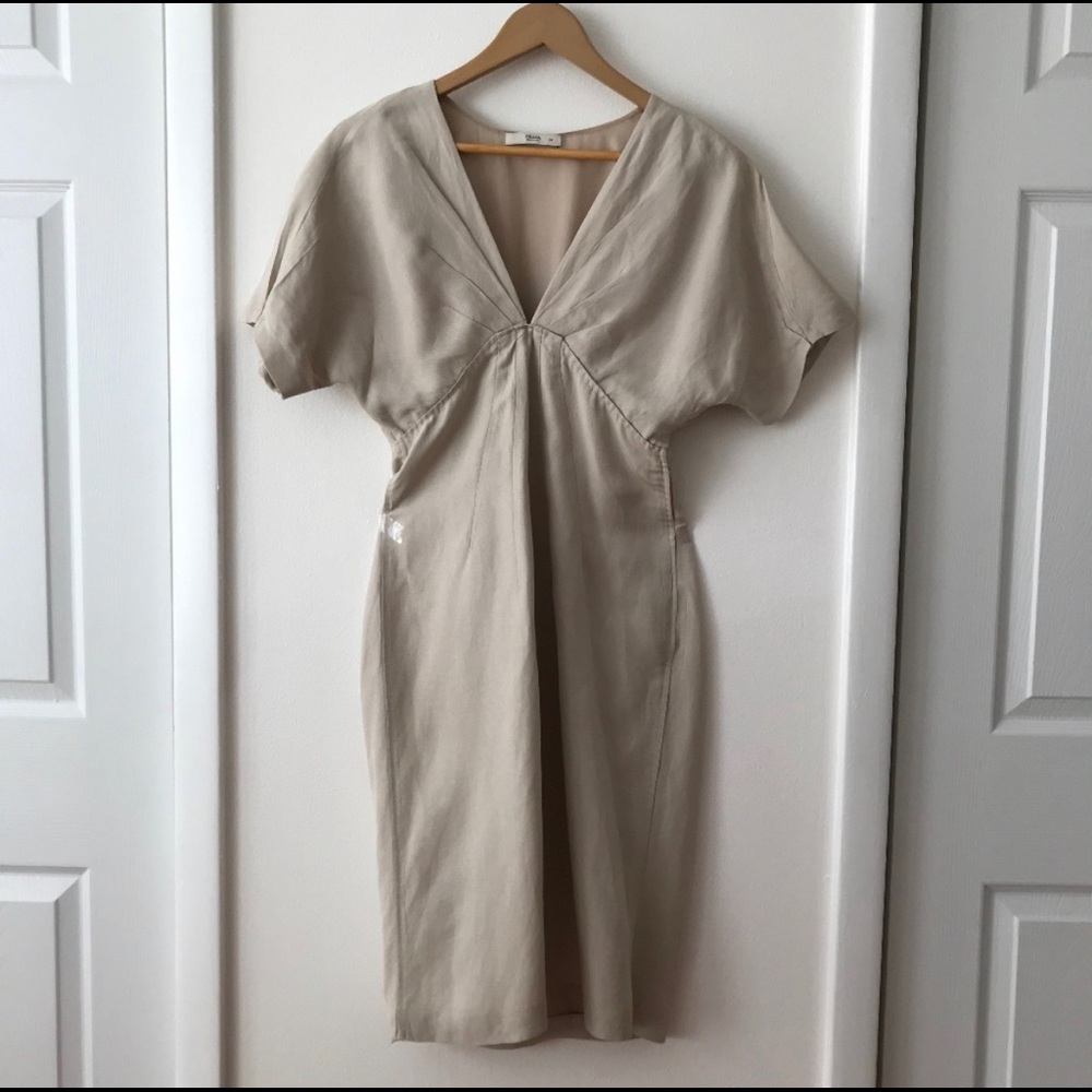 Prada Tan V-Neck Empire Waist Linen Dress
